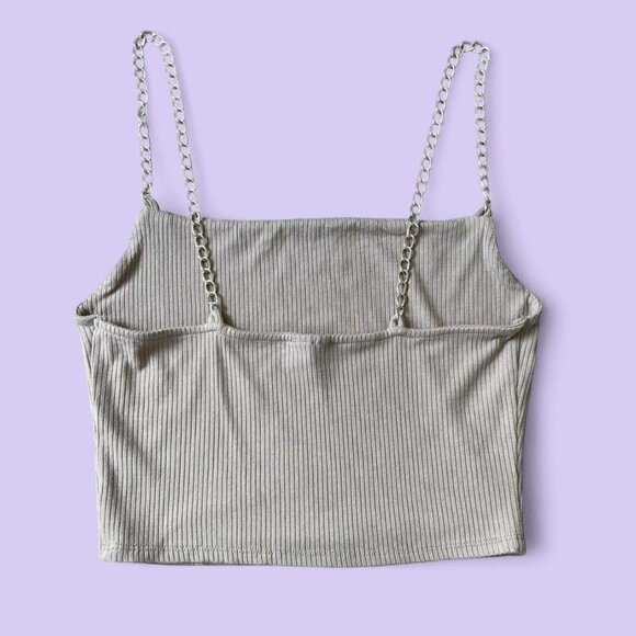 Ribbed Chain Strap Crop Top Taupe Beige | Size P/S - Picture 3 of 5